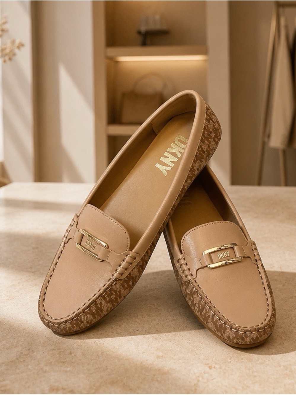 2418 - DKNY Tan Monogram Logo Loafers Driver Moccasins Gold Hardware Size 8M